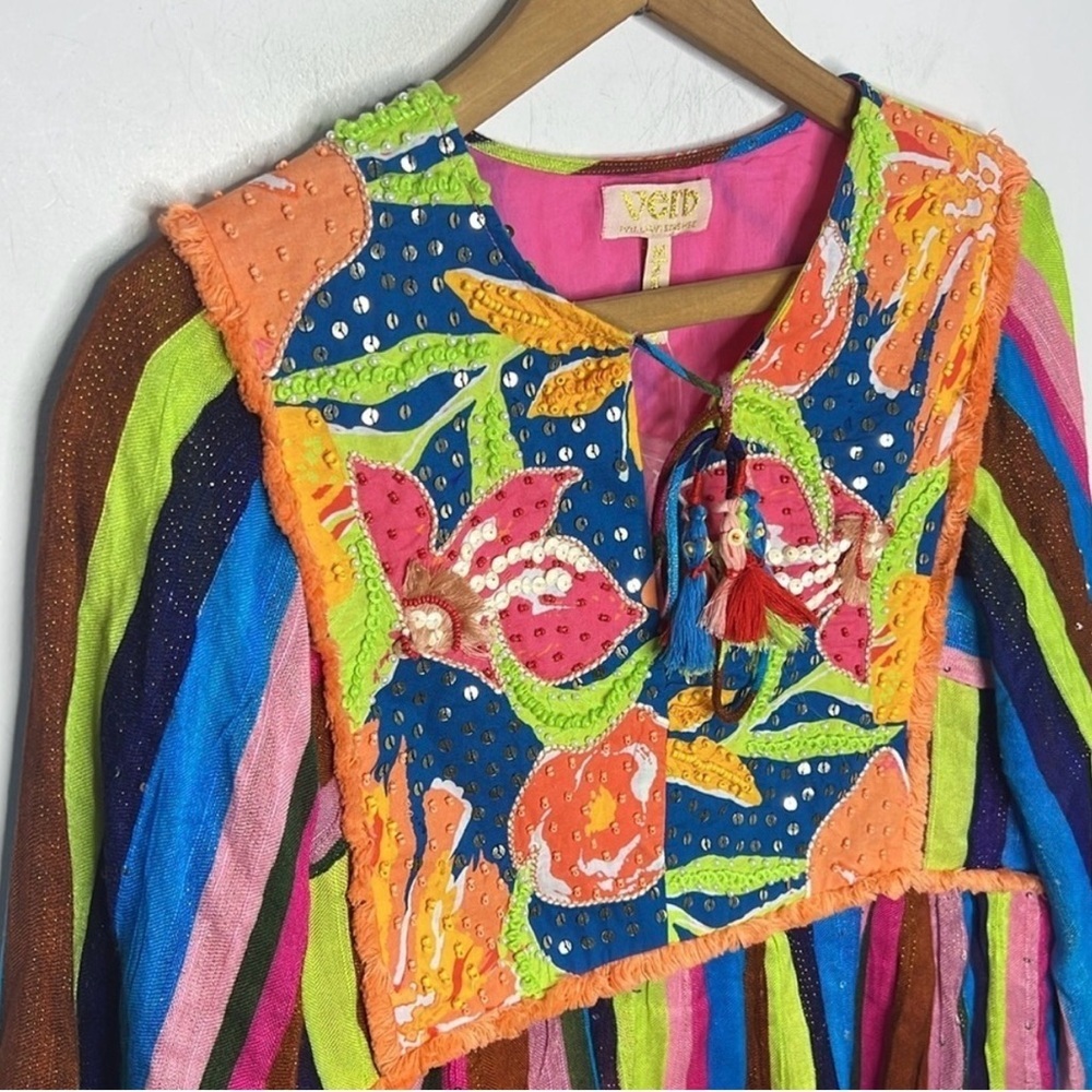 Anthropologie Verb Pallavi Singhee Floral Striped Beaded Boho Babydoll Blouse - Picture 3 of 11